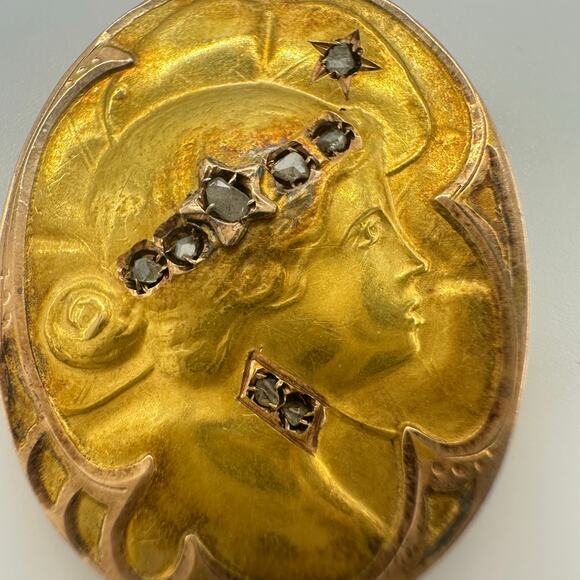 Antique Art Nouveau solid 18kt gold rose cut natural diamonds cameo pendant - Picture 3 of 10